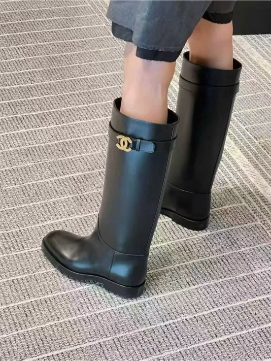 CHANEL Shoes - CHANEL 26B Black Tall  Boots with Gold CC Hardware Size 42